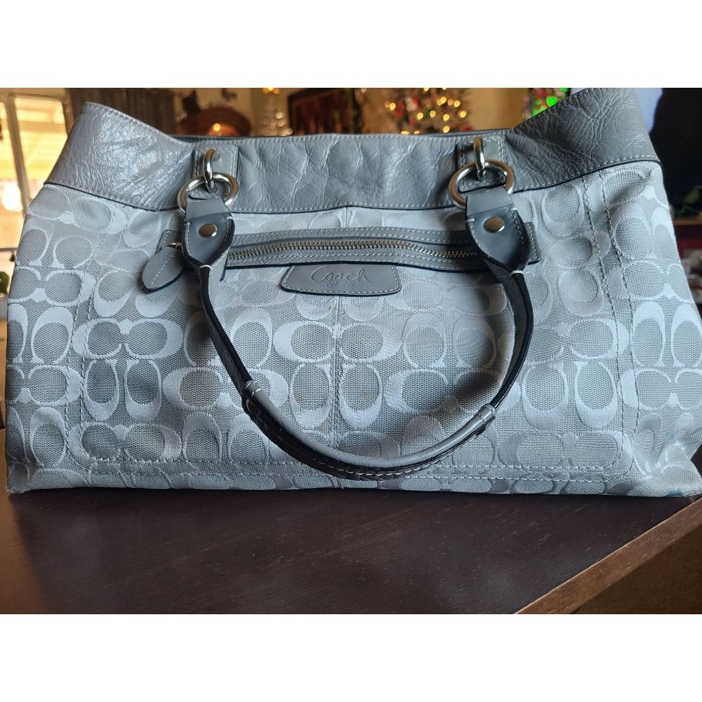 Coach Penelope Signature F15534 Jacquard/Patent Leather Silver Gray Tote